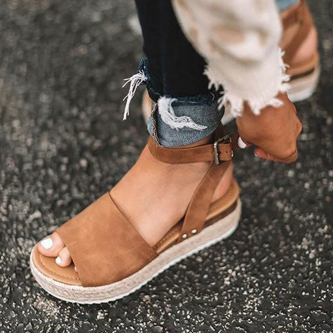 Large Size Summer Muffin Clasp Fish Mouth Sandals Side Empty Hemp Rope Braided Thick Sole Wedge Slippers