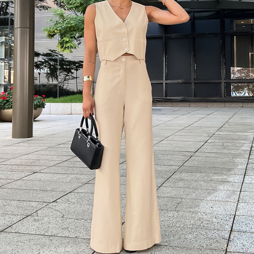 Khaki V-Neck Sleeveless Vest Set New Autumn Fashion Women's Two-Piece Set