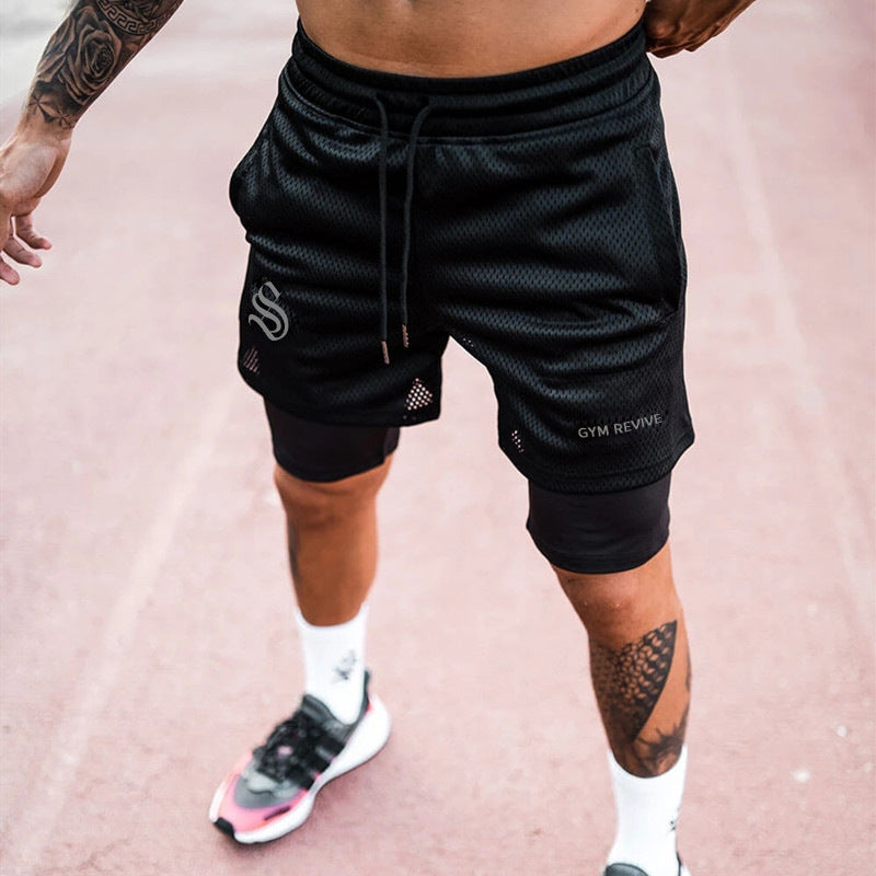 Fitness Shorts Men's Quick Drying Outdoor Sports Large Size Double-Lined Mesh Five Quarter Pants