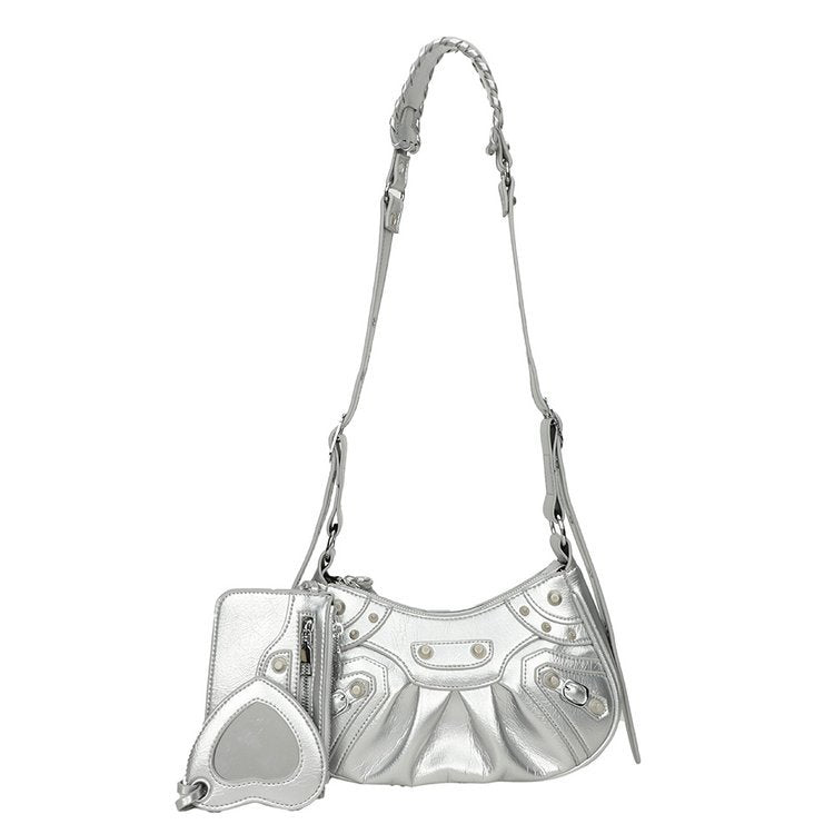 New Underarm Bag Female Retro Rivet Motorcycle Bag Fold Moon Tooth Mother Single Shoulder Crossbody Bag Female