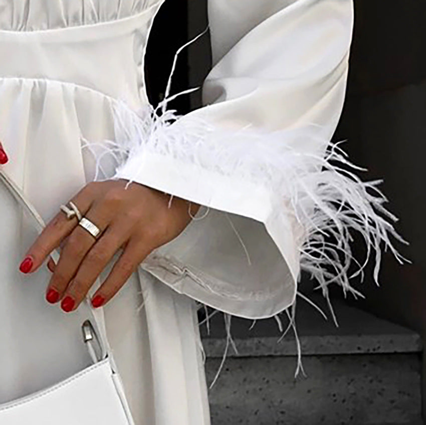 Autumn And Winter New Color Ding Dress High-Collared Feather Design Temperament Elegant A-Line Skirt Women