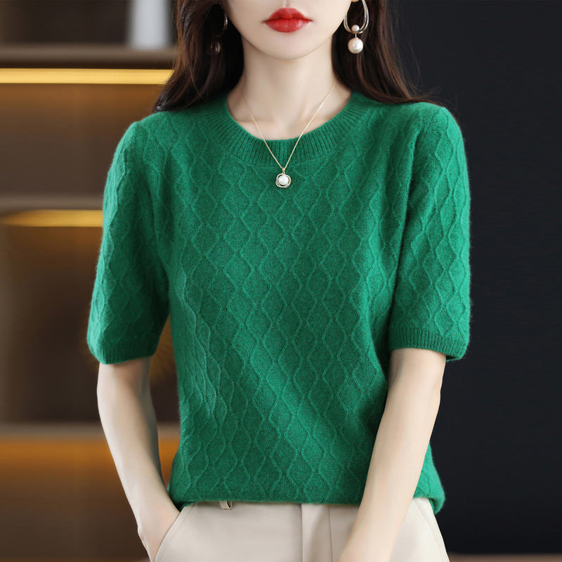 New 100% Pure Woolen Sweater Women Round Neck Short Sleeve Bottom Shirt Fashion Half Sleeve Knitted Top Fashion Pattern