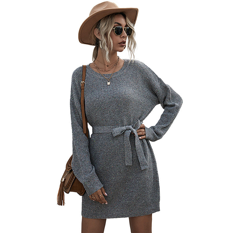 Solid Color Loose Lazy Style Tie Long Sweater Dress Female Autumn