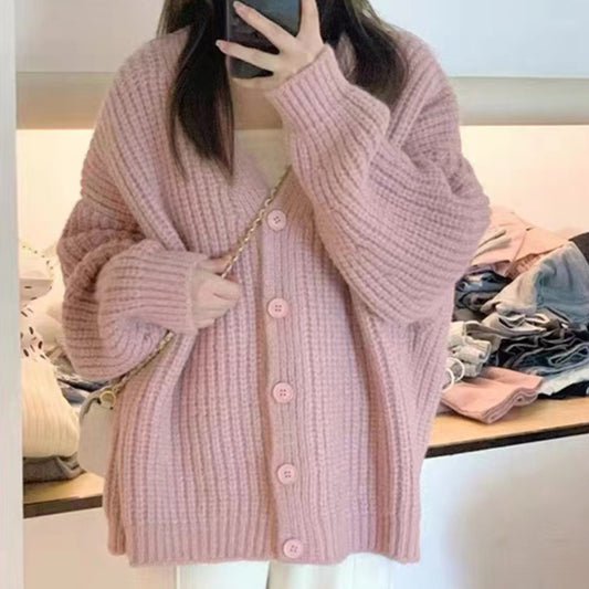 Autumn And Winter New Loose Thick Thin Knit Cardigan Women Thick Needle Large Size Women's Long Sleeve Soft Waxy Sweater Women's Coat