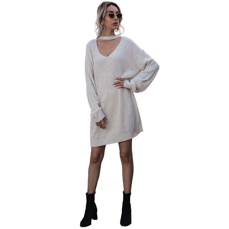 Autumn V-Neck Long Pullover Low Neck Long Sleeve Knitted Sweater Dress