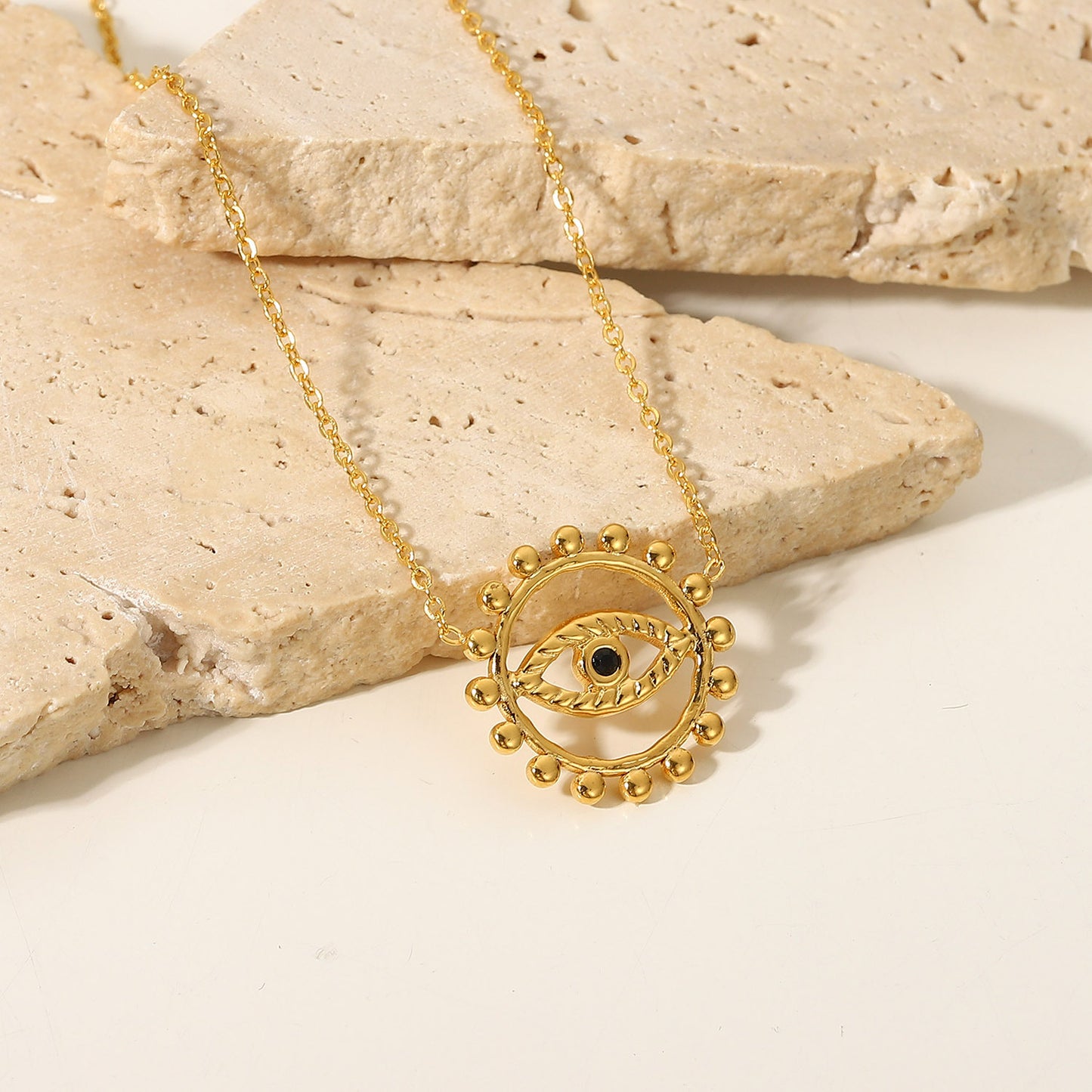 5pcs Fashion Vintage Hollow Round Eyes Round Pendant Necklace Style 18K Gold Stainless Steel Collar For Ladies