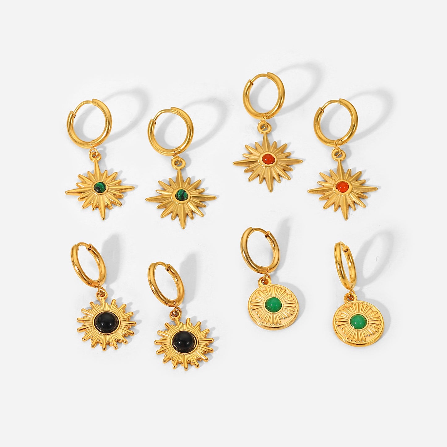 5pcs 18K Gold-Plated Stainless Steel Earrings Natural Stone Octet Star Pendant Ring Earrings For Women