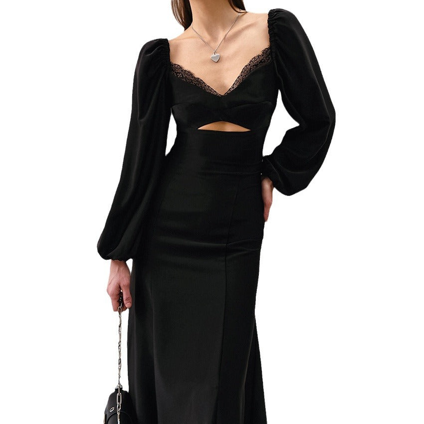 Sexy V-Neck Bubble Sleeve Hollow Lace Imitation Acetic Acid Color Ding Dress New Spring Fashion Women