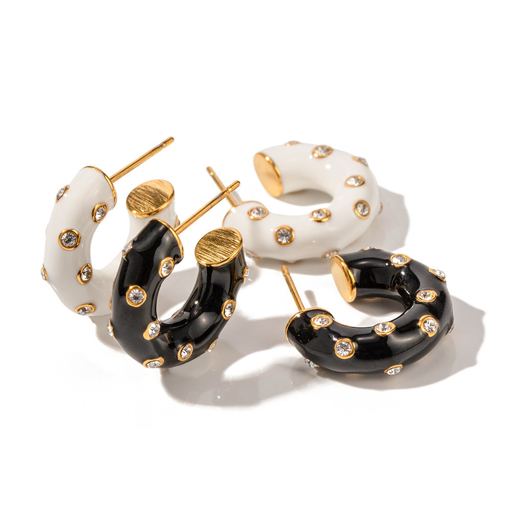 5pcs New Titanium Steel Earrings 18K Stainless Steel Black Drip Oil Set Diamond C-Shaped Earrings Women's Fashion Earrings