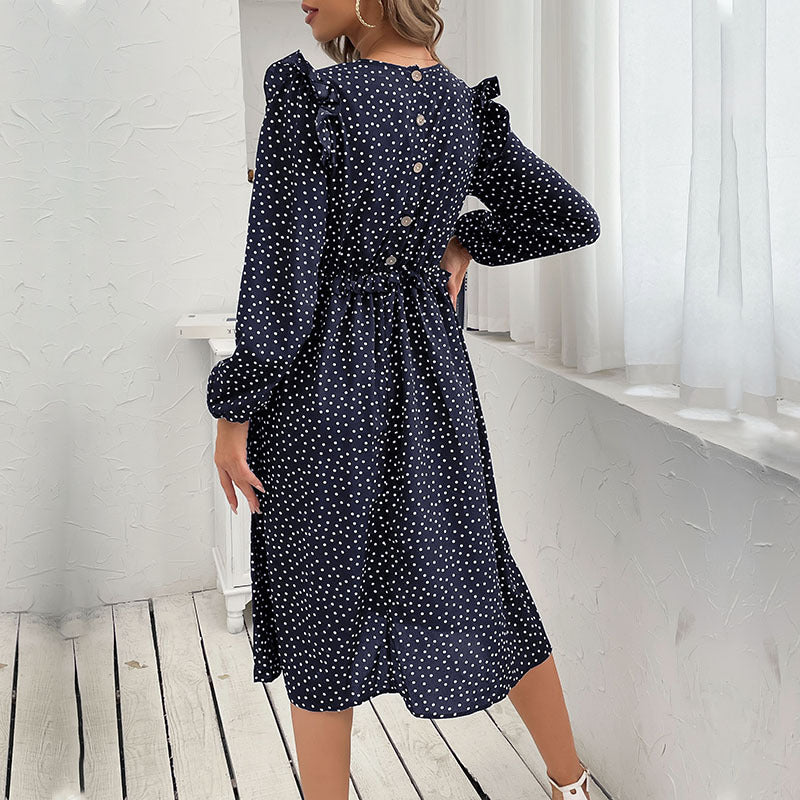 New Fashion Women's Flanged Polka Dot Long-Sleeved Dress Autumn And Winter