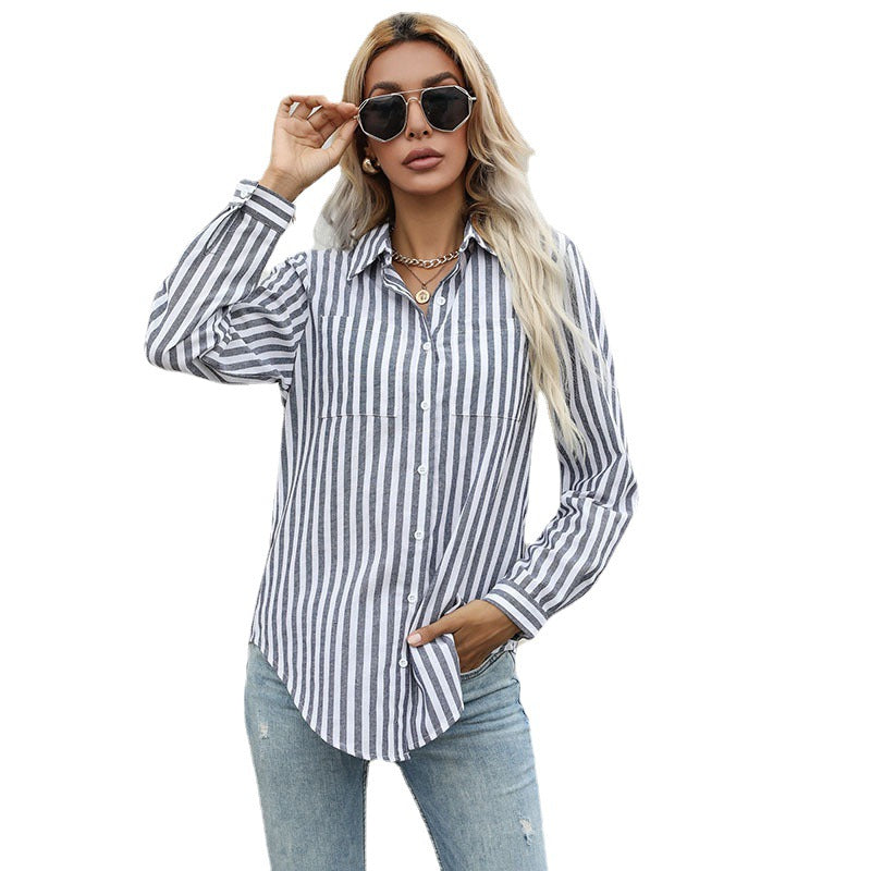 Autumn New Button Cardigan Striped Shirt Lapel Shirt Long Sleeve Commuter Shirt Woman