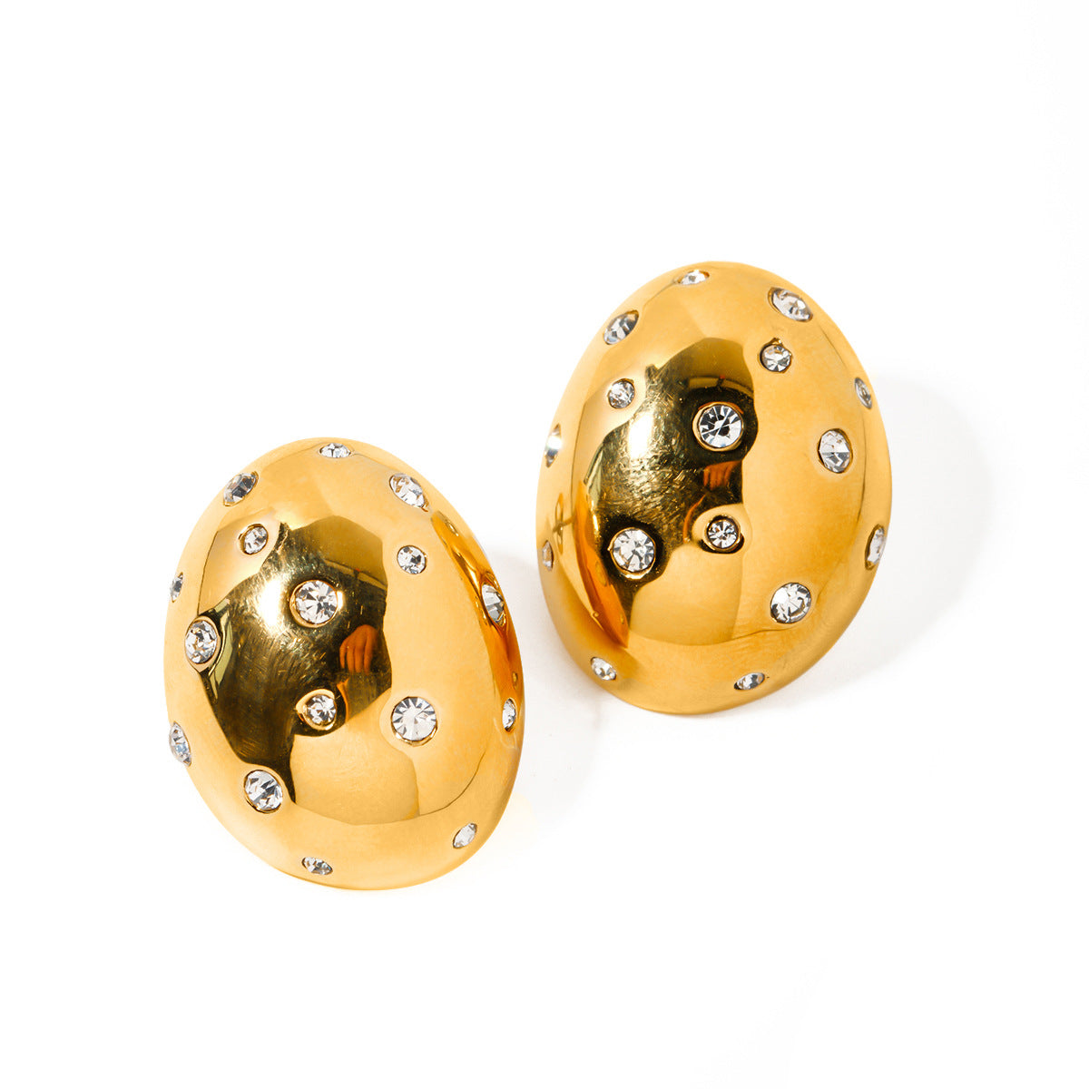 5pcs 18K Gold Stainless Steel Inlaid White Diamond Oval Earrings New Fashion Temperament Niche Set