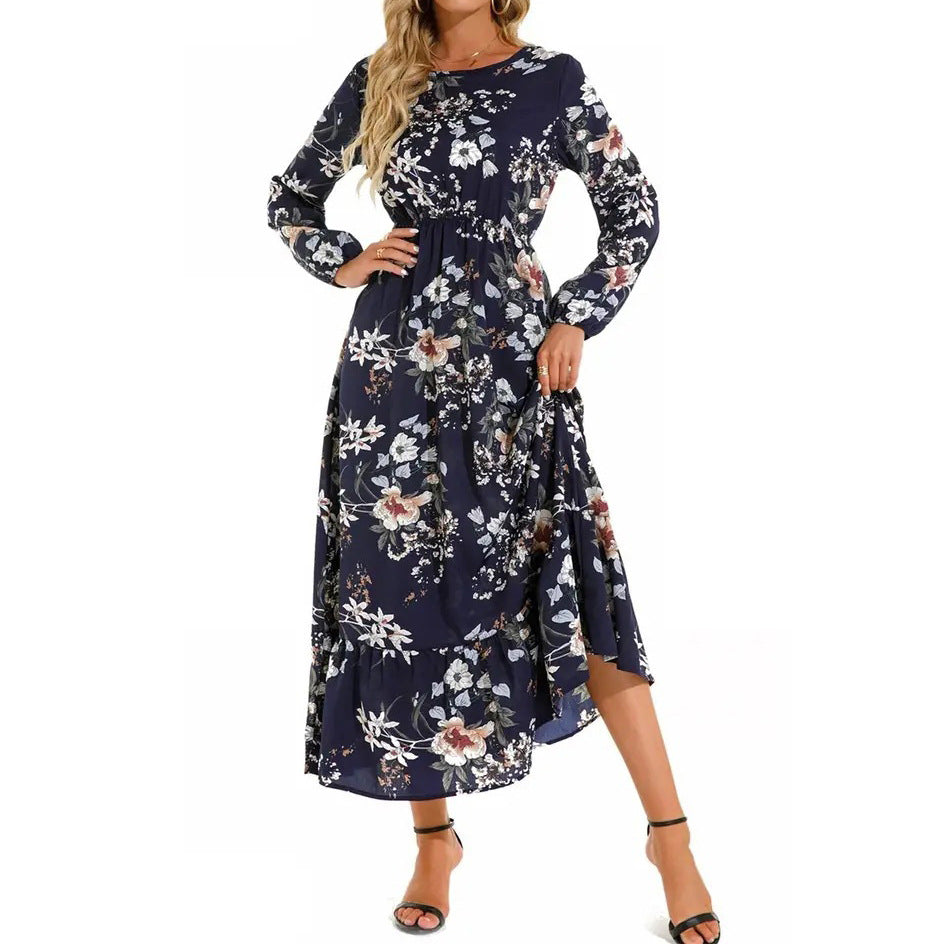 New Autumn And Winter Long Sleeve Long Dress Elegant Printed Round Neck Floral Swing Dress