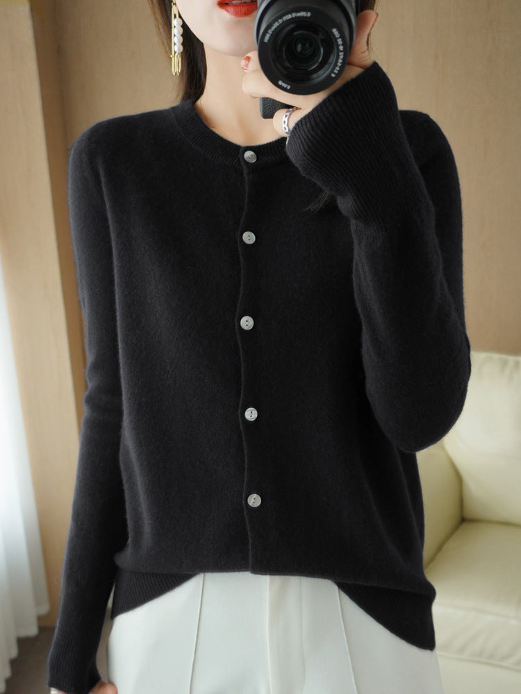 100 All-Wool Sweater Women's Knitted Crewneck Cardigan Casual Everyday Slimming Spring Cashmere