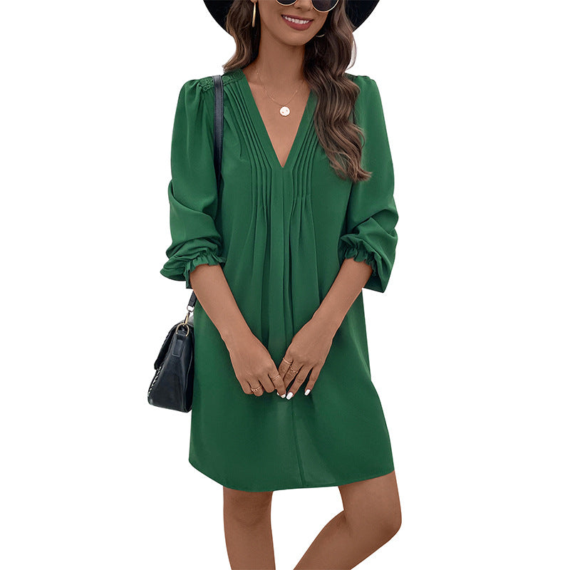 Patchwork Skirt Autumn New Women's V-Neck Pleated Long-Sleeved Dress