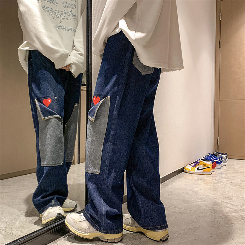 Summer Niche Patchwork Design Love Jeans Men Oversize Wide Leg Straight Leg Long Pants