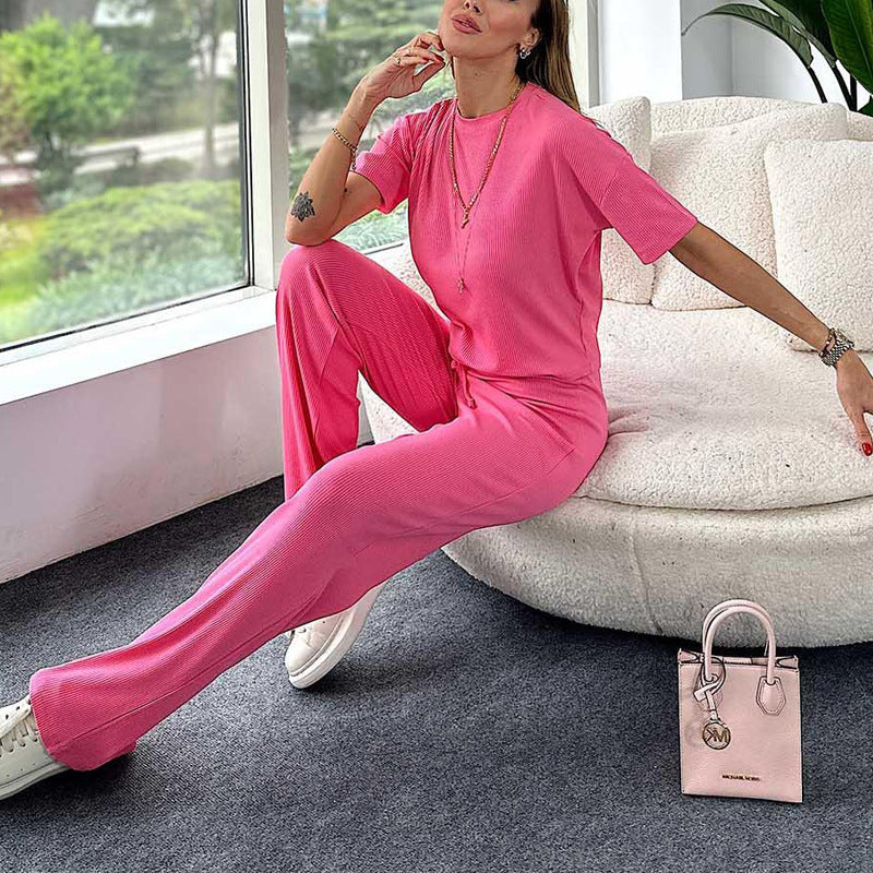 Women's Short-Sleeved Round Neck T-Shirt Elastic Waist Trousers Fashion Casual Two-Piece Set