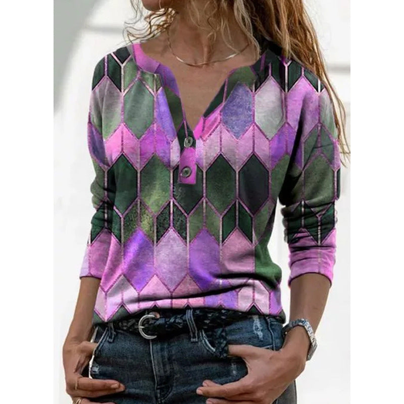 Women's Autumn And Winter New Color Contrast Printed V-Neck Long Sleeve T-Shirt Base For Women A Hair