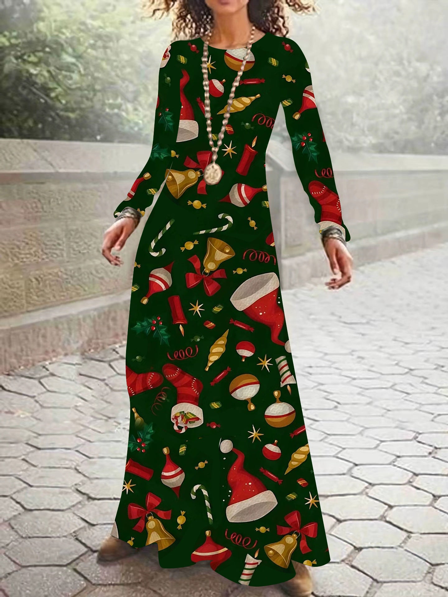 Hot Autumn Winter Long-Sleeved Christmas Casual Women's Dress Print Elegant Temperament