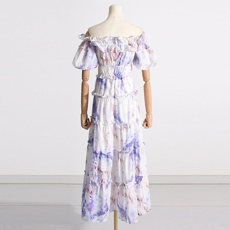 New Spring New Style One Shoulder Fold Print Lady Long Style Swing Dress
