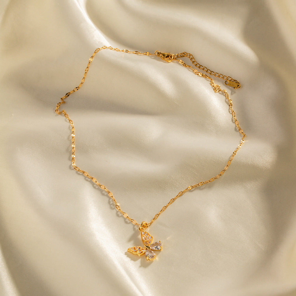 5pcs 18K Gold Stainless Steel Inset White Zircon Butterfly Pendant Necklace Does Not Fade A Niche Jewelry