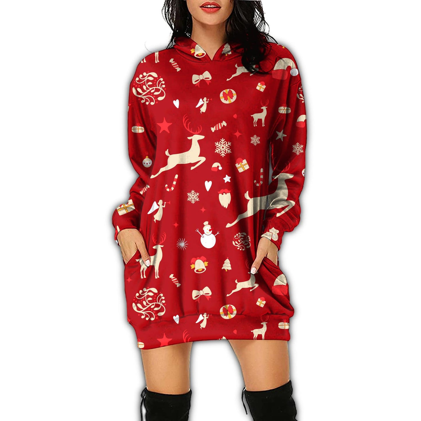 Autumn Women's Print Casual Long-Sleeved Hoodie Dress Christmas Holiday Party Dress