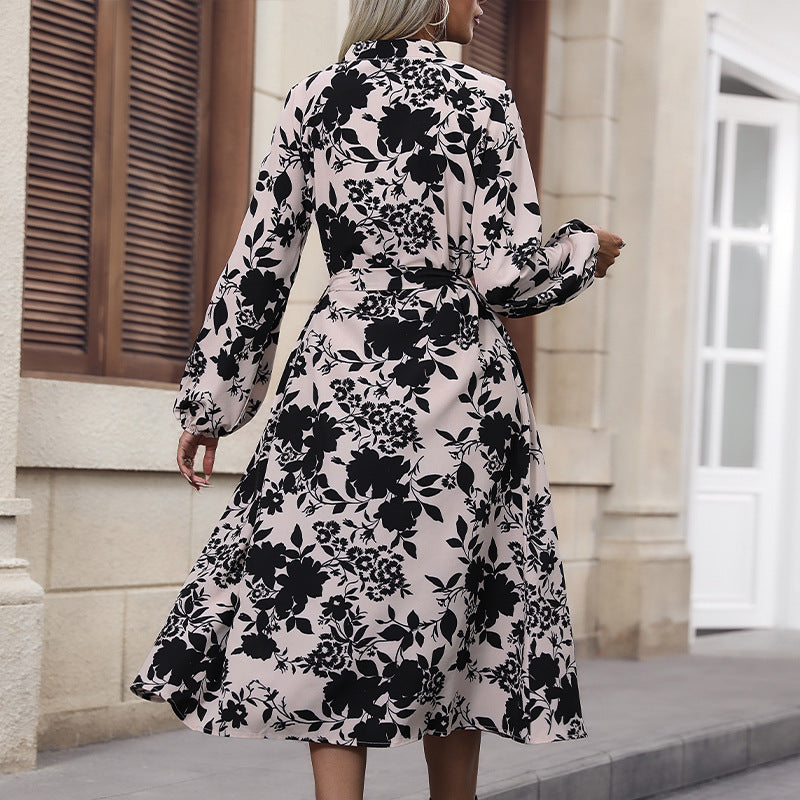 Autumn New Women's Printed Stand Collar Long-Sleeved Dress