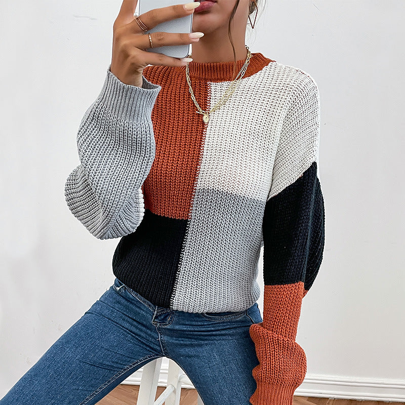 Fashion Women's Autumn Long-Sleeved Color Matching Half-Turtleneck Sweater Loose
