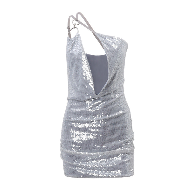 Women's Fall Sexy Spice Girls Deep V Swing Neck Cutout Glitter Slim Halter Dress
