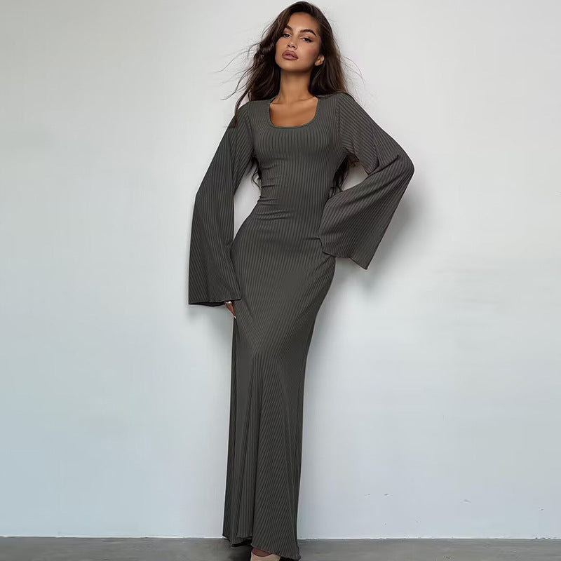 Female Skirt Autumn And Winter New Loose Plus Size Dress Back Strap Horn Long Sleeve High Waist Thread Skirt