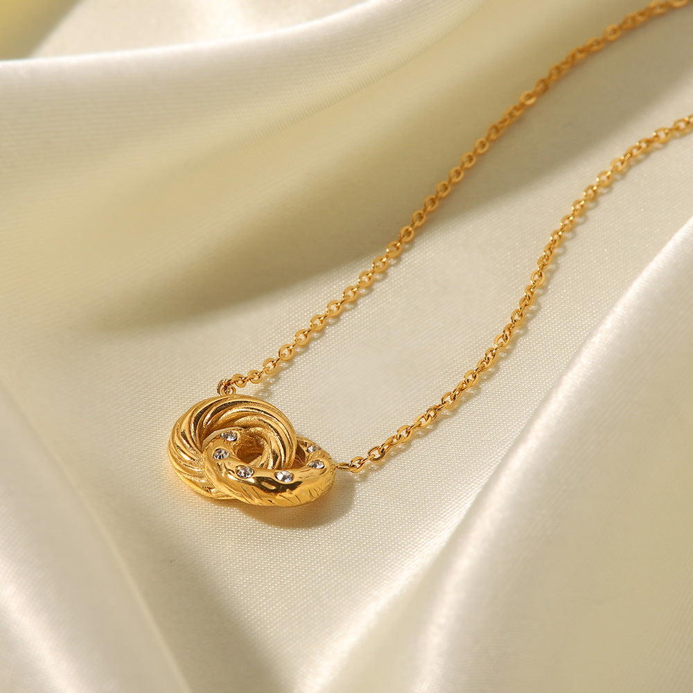 5pcs 18K Gold-Plated Stainless Steel Double Ring Inlaid White Diamond Pendant Necklace Women's Fashion All-Match Titanium Steel Necklace Jewelry