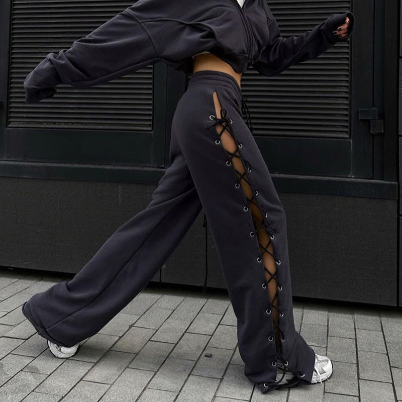 Summer Style Street All Slim Side Slit Lacing With Hollow-Out Wide-Leg Pants Women