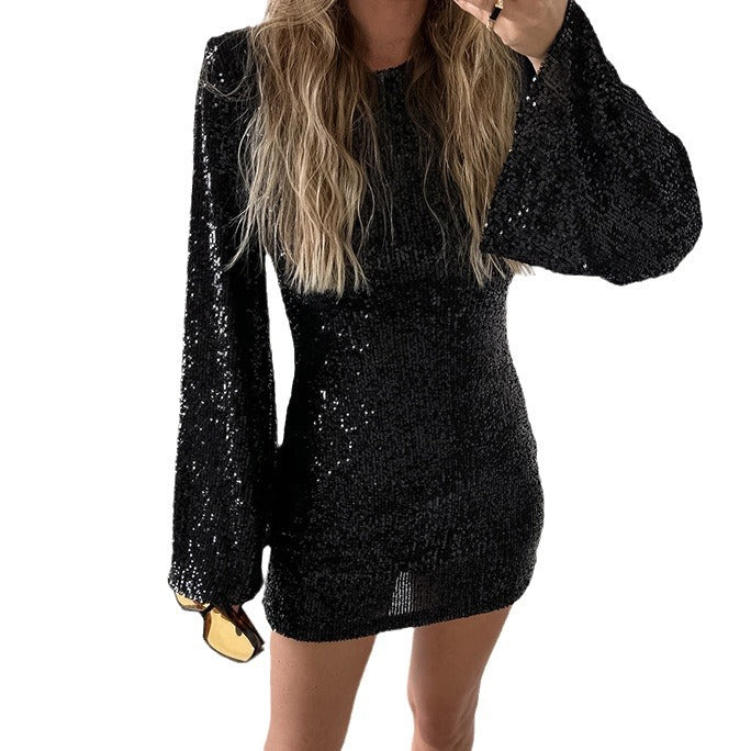 Green Sequin Round Neck High Waist Flared Sleeves Slim-Fit Hip Wrap Dress New Spring Fashion