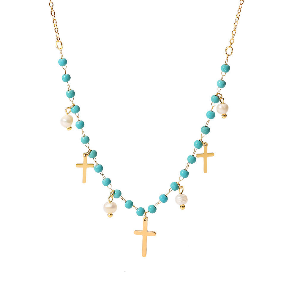 5pcs New Popular Women's Necklace Blue Stone Rice Bead Choker Cross Light Pearl Fringe Pendant Necklace