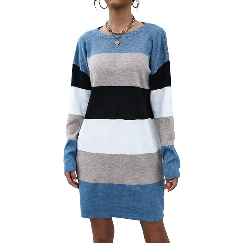Fashion Women's Early Autumn Leisure Color Long-Sleeved Sweater Dress