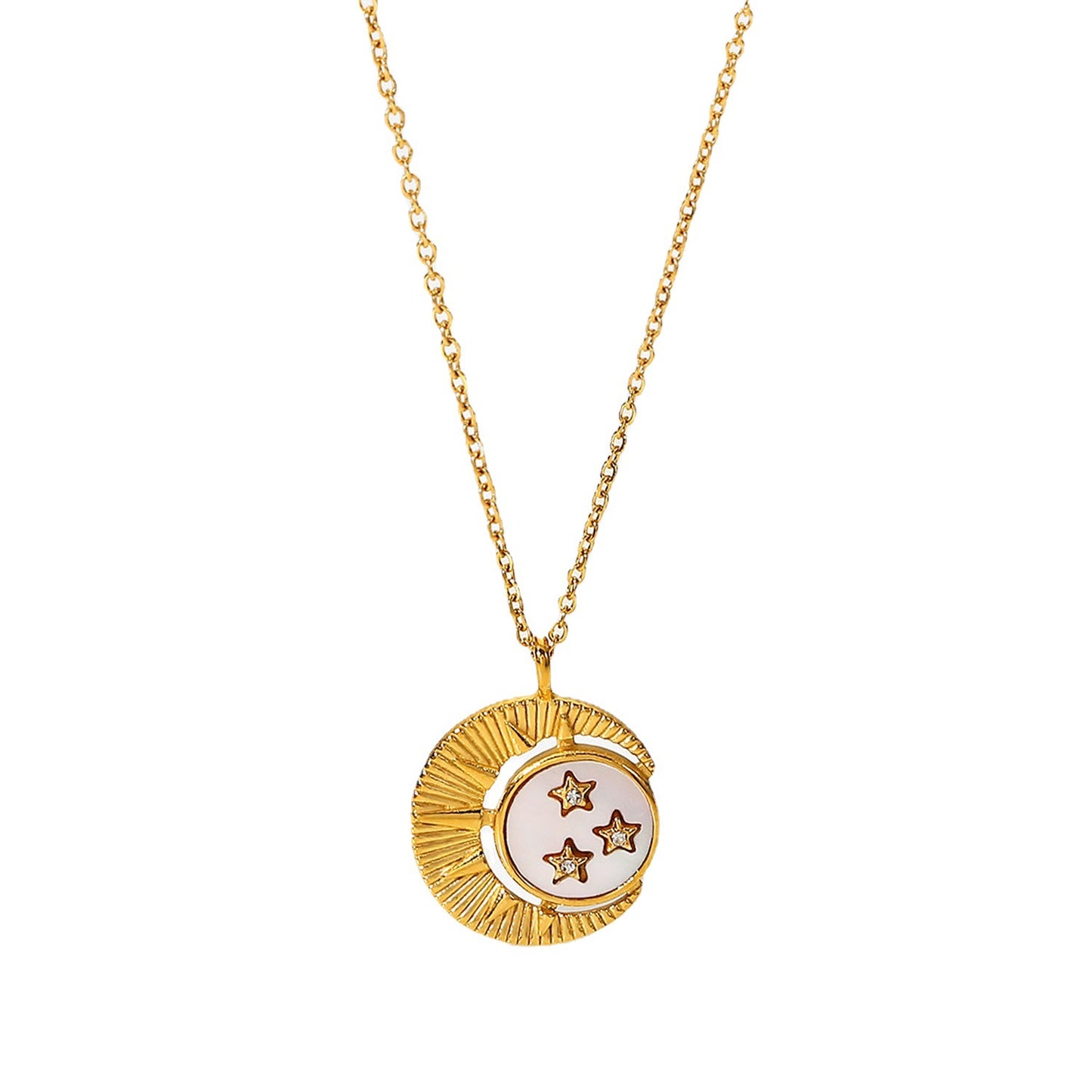 5pcs 18K Gold Stainless Steel White Shell Inlaid With Stars Moon Sun Pendant Necklace Fashion Inlaid Zircon Collar Women