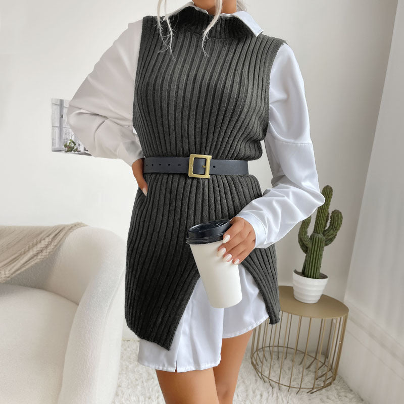Early Autumn Women's Slit Solid Color Medium Long Vest Sweater