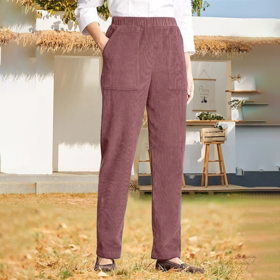 New Women's Clothing Solid Color Elastic Waist Striped Straight Leg Casual Pants
