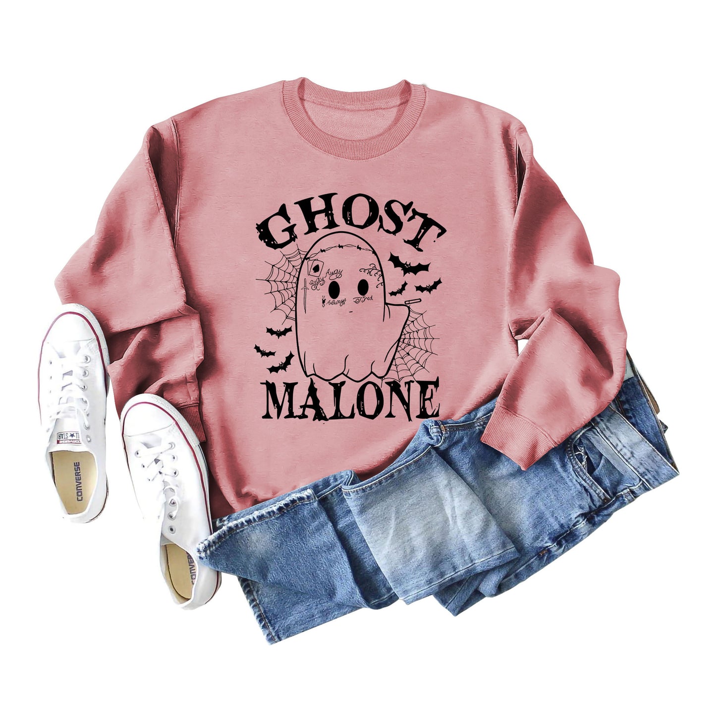 Ghost Malone Letter Round Neck Fashion Bat Round Neck Halloween Long Sleeve Hoodie