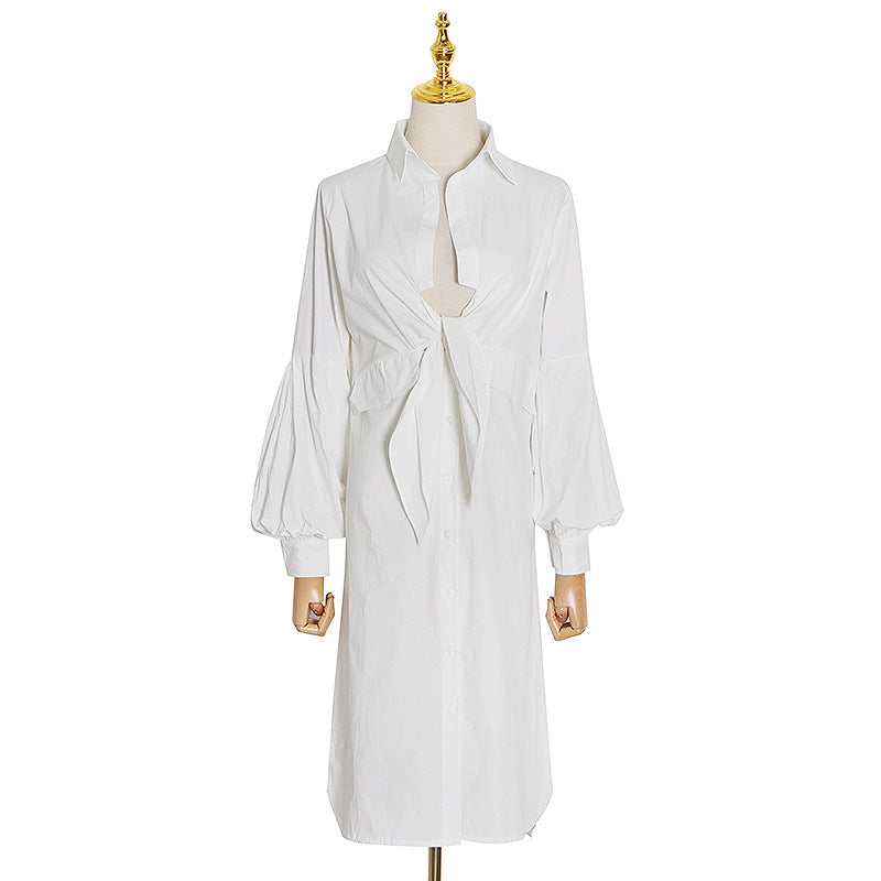 Sexy Shirt Dress New Spring Fashion Women's White Lantern Sleeve Mid-Length Dress Women