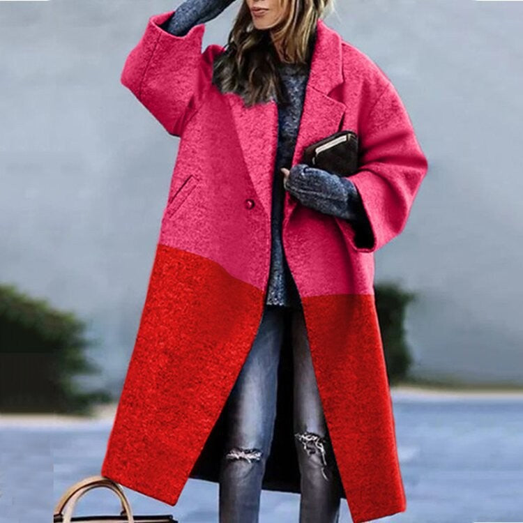 New Autumn Women's Long Sleeve Lapel Coat Printed Wool Long Coat