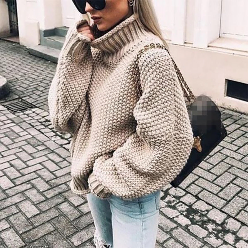 Autumn/Winter New Curled-Edge High-Neck Bat Sleeve Sweater for Women with Thick Line Detail