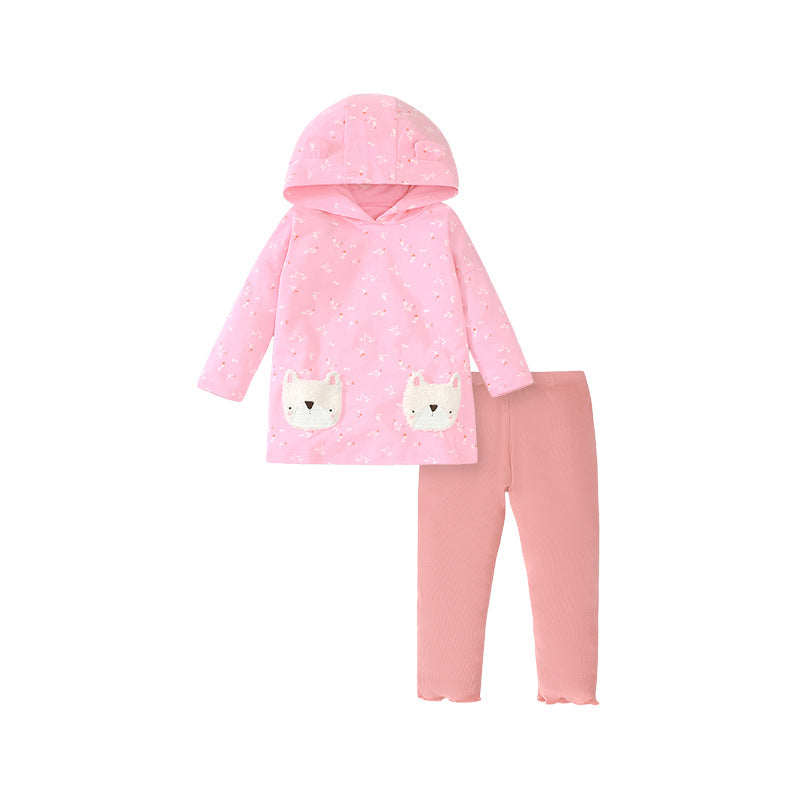 Autumn New Girls' Hoodie Long Sleeve Pure Cotton Children's Suit Pants Solid Color Trouser Suit