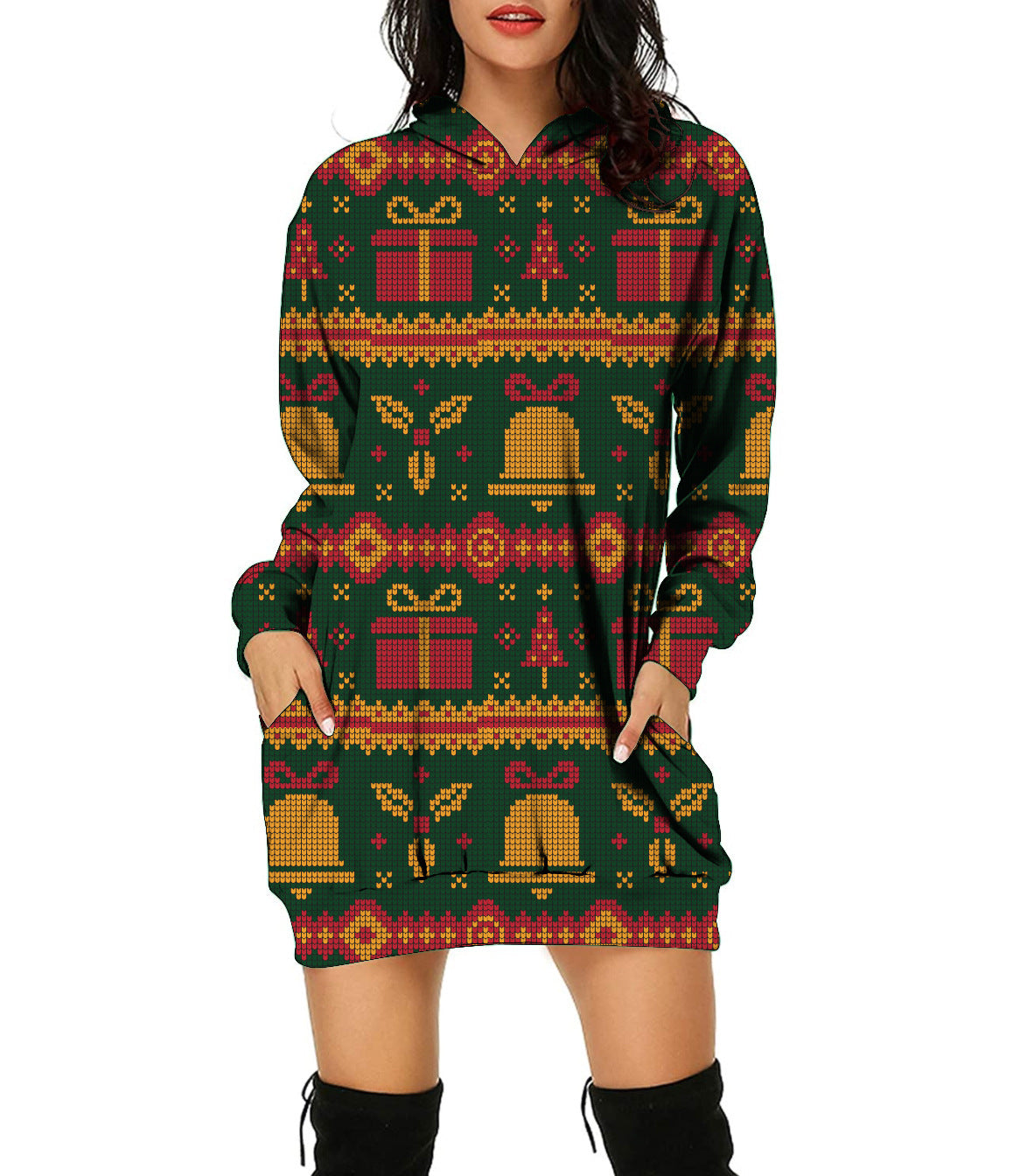 Autumn And Winter New Christmas Pattern Christmas Tree Print Hooded Jumper For Women Long-Sleeved Loose Hoodie Dress