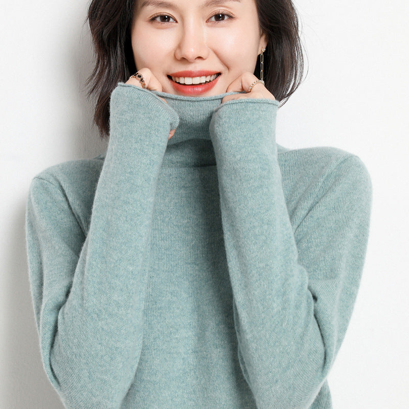 100% Pure Woolen Sweater Women Pile Collar In Autumn And Winter With Cashmere Sweater Western-Style Turtleneck Top Knitted Base