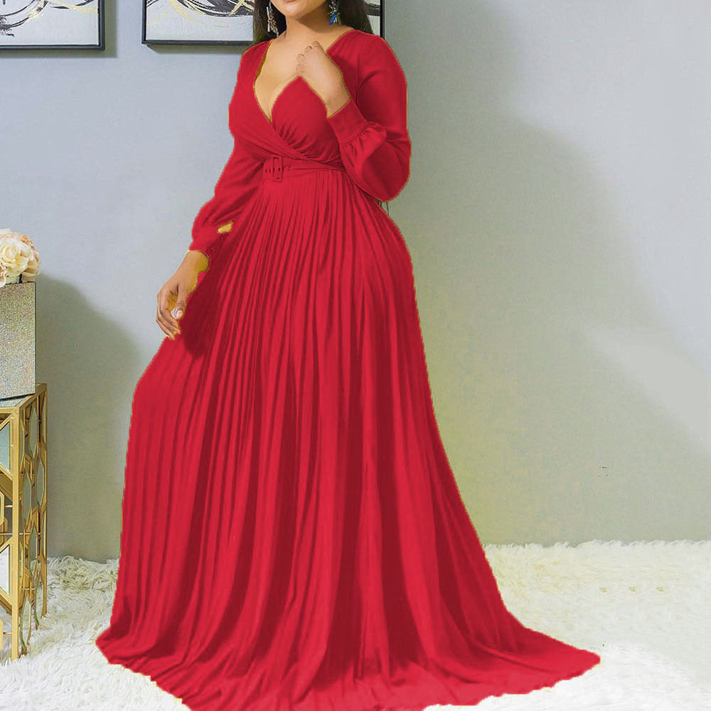 Plus-Size Women's Deep V Cross Grab Pleated Front Skirt Solid Color Pleated Big Swing Dress