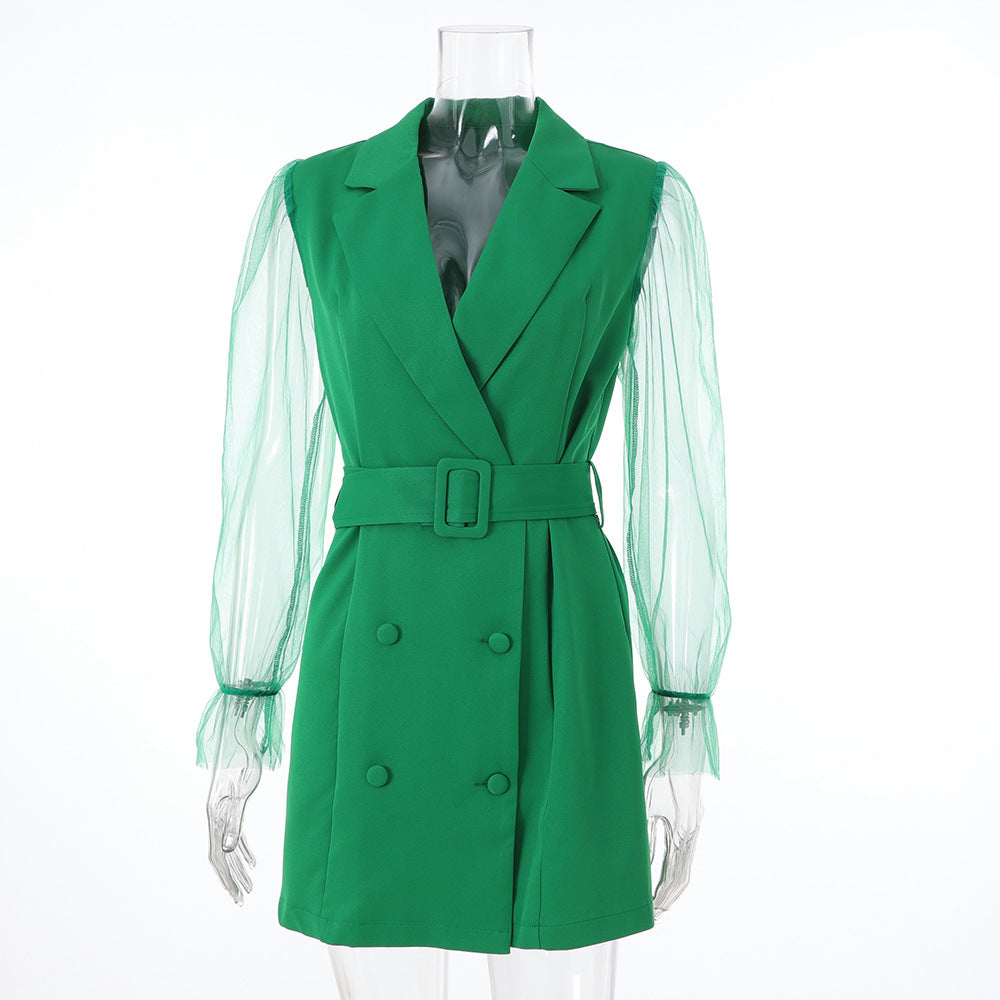 Autumn New Sexy See-Through Gauze Long Sleeve Suit Skirt Double Breasted Waist Temperament Dress