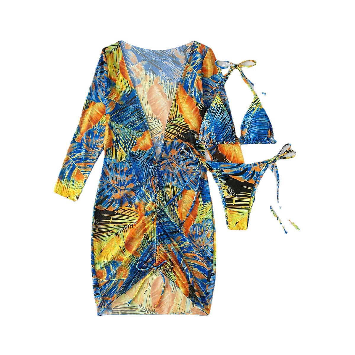Stylish Long-Sleeved Swimsuit Set: Drawstring Three-Piece for Women