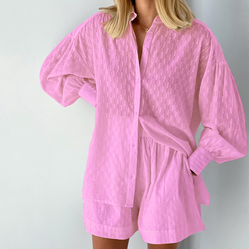 Summer Women's Shirt Jacquard Bubble Sleeve Temperament Top Shorts Commuter Design Sense Of Leisure Suit