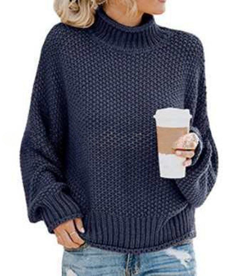 Autumn/Winter New Curled-Edge High-Neck Bat Sleeve Sweater for Women with Thick Line Detail